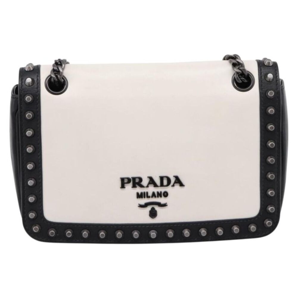 Prada Chain Flap Studded Glace Calf White Leather Shoulder Bag Bag
